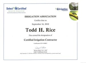 Certificate Certified Irrigation Contractor - Todd H. Rice - Midwest Lawn Sprinklers